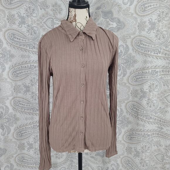 Bobi Los Angelos rib knit button up shirt size small Brown business casual - Picture 2 of 9